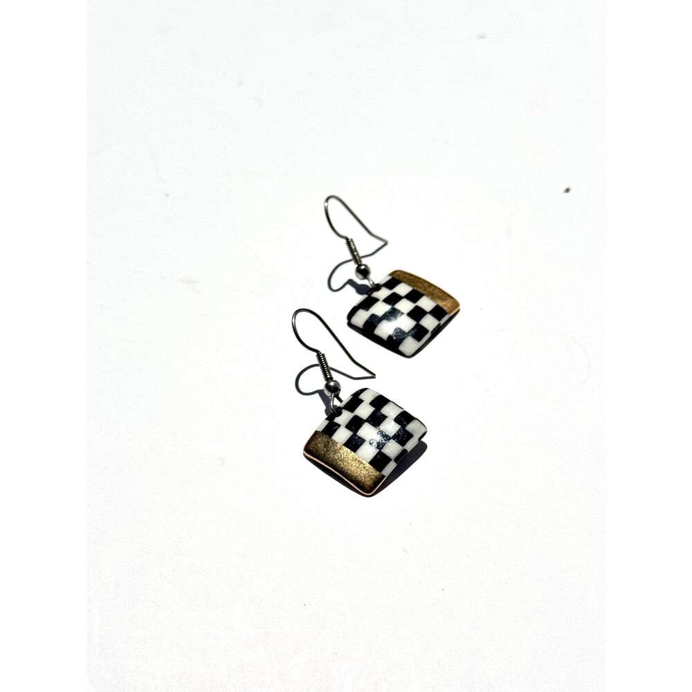 vintage ceramic checkered and gold square earrings